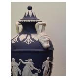 $350 - Wedgwood Dark Blue Jasper Covered Urn with Applied Handles - "Dancing Hours"