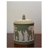 $400 - Wedgwood Green Jasperware Lidded Jar with Acorn Finial