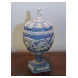 $450 - Wedgwood Blue Jasperware Arabesque Covered Urn with Cherub Finial