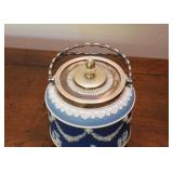 $250 - Wedgwood Tricolor Blue Jasperware Biscuit Barrel with Swing Handle