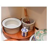 Small Jar, Marshal Fields Stoneware Crock, Wood Serving Tray, Utensils