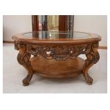 Beautiful Carved Cocktail / Coffee Table with Glass Top (Approx. 42" Dia x 20" H)