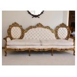 Ornate Gold Painted, Off-White Upholstered Tufted Parlor Sofa w/ Pink Detail (90" L x 41.25" at back