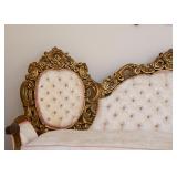 Ornate Gold Painted, Off-White Upholstered Tufted Parlor Sofa w/ Pink Detail (90" L x 41.25" at back