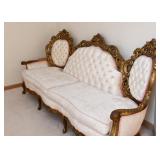 Ornate Gold Painted, Off-White Upholstered Tufted Parlor Sofa w/ Pink Detail (90" L x 41.25" at back