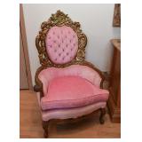 PAIR of Ornate Gold Painted, Pink Upholstered Armchairs (Approx. 32" W x 47" H at the back)