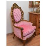 PAIR of Ornate Gold Painted, Pink Upholstered Armchairs (Approx. 32" W x 47" H at the back)