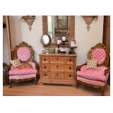 Ornate Pink Upholstered Armchairs, 3-Drawer Chest with Stone Top