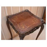 Carved Parlor Side Table with Inlaid Top (Approx. 19" x 19" x 28" H)