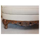 Off-White Upholstered Chair & a Half with Wood Carved Base (Approx. 53" L x 34.5" H at the back)