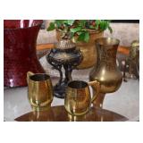 Etched Brass Mugs, Metal Lidded Urn on Pedestal