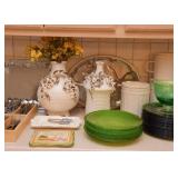 Green Glass Dinner Plates, Pottery Vases, Kitchen Canisters, Serving Platters