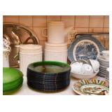 Green Glass Dinner Plates, Kitchen Canisters & Teapot, Blue Transferware Serving Dish