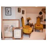 Framed Artwork, Frames, Pair of Vintage Highback Tufted Armchairs with Gold Upholstery