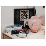 Japanese Wall Plaque, Pink Glass Vase, Vanity Items