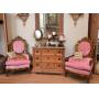 Ornate Pink Upholstered Armchairs, 3-Drawer Chest with Stone Top