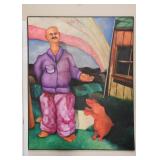 $800 - Large Framed Original Artwork / Painting of Man & Dog by Skip Hartzell (Approx. 48" L x 60" H