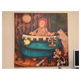 $750 - Large Framed Original Artwork / Painting of Piano Player & Dogs by Skip Hartzell (Approx. 48"