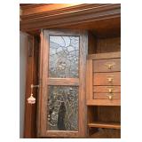 $2,800- Incredible Custom Made Oak Bar with Grain Bin & Leaded Glass (2 Pcs), 81" L x 25" W x 92" H