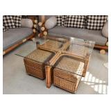 $300 - Bamboo & Glass Coffee Table with 4 Wicker Stools