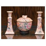 Chinese Lidded Bowl with Matching Candlesticks