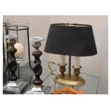Small Brass Table Lamp with Black Shade, Candlesticks