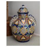 Large Mexican Talavera Pottery Lidded Urn