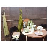 Aprons, Dinnerware, Dishes, Glasses, Folding Tables & Chairs