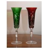 Pair of Waterford Crystal Cut Champagne Flutes - Christmas Tree, Snowflakes (Green & Ruby Red)