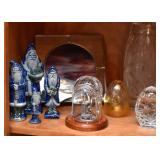 Blue Pottery Santa Claus Figurines, Waterford Crystal Nativity Dome, Crystal Eggs
