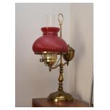 Brass Table Lamp with Red Glass Hurricane