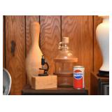 Wooden Bowling Pin, Vintage Bottle, Miniature Microscope, Pepsi Can