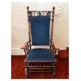 Antique Wooden Rocking Chair with Blue Velveteen Pads