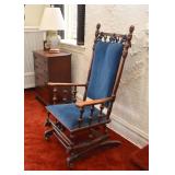 Antique Wooden Rocking Chair with Blue Velveteen Pads