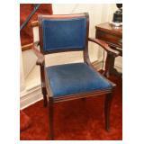 Wood Armchair with Blue Velveteen Upholstered Back & Seat