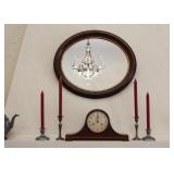 Antique Oval Mirror, Candlesticks, Seth Thomas Mantle Clock 