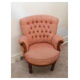 Vintage Tufted Armchair with Wood Carved Detail