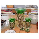 Metal Vases with Green Glass Inserts