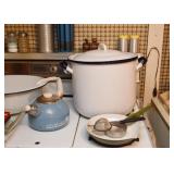 White Enamelware Stock Pot, Tea Kettle, Sauce Pan, Kitchen Utensils