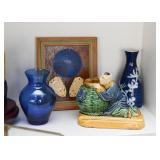 Blue Glass Vase, Vintage Chinese Glazed Pottery Figure, Japanese Saki Bottle 