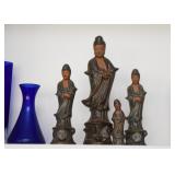 Vintage Chinese Ceramic Clay Guanyin Figurines / Statues, Blue Glass Vases