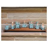 Vintage Chinese Glazed Pottery Figurines with Wooden Display Stand