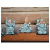 Vintage Chinese Glazed Pottery Figurines with Wooden Display Stand