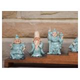 Vintage Chinese Glazed Pottery Figurines with Wooden Display Stand