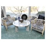 Vintage Italian Marble Cocktail Table, 3 Vintage Barrel Chairs with Blue & White Upholstery