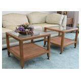 Vintage Pair of End Tables on Casters (Glass Top, Rattan Lower Shelf)