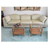 Vintage 3-Seat Sofa (Celadon Color), Pair of End Tables on Casters (Glass Top, Rattan Lower Shelf)