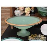 Vintage Glass Pedestal Bowl / Centerpiece with Gold Rim (Jadeite Color)