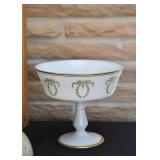 Vintage White Milk Glass Pedestal Dish with Gold Accents