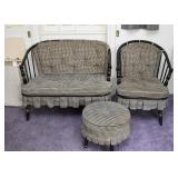 Country Style Settee, Chair & Ottoman (Black & White Check / Houndstooth Upholstery)